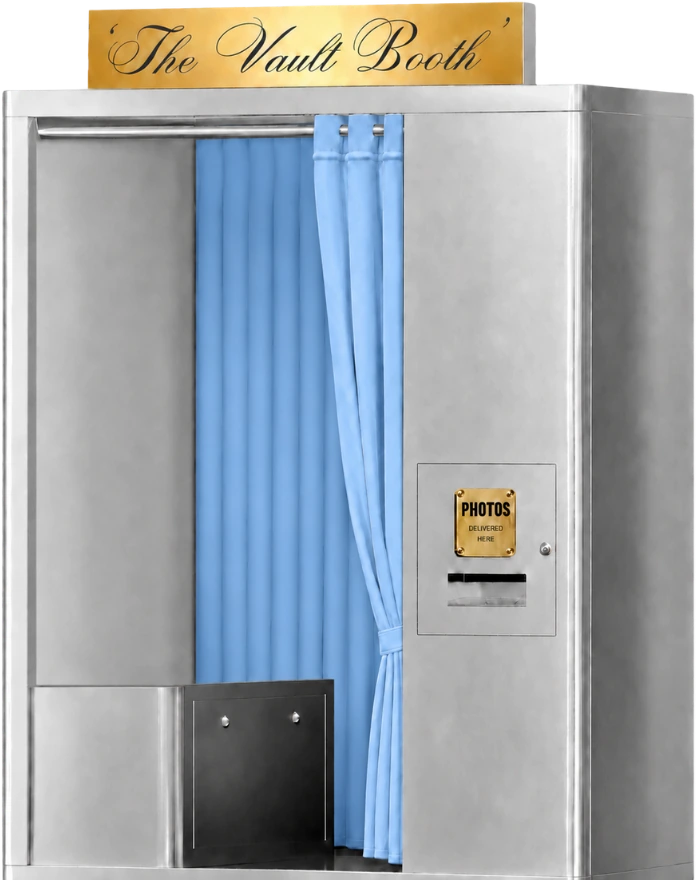 The Vault Booth with ice-blue velvet curtain